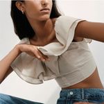 ZARA  Women Linen Blend Beige Cropped Ruffle Cottagecore Boho Peasant Top Size‎ S Photo 1