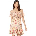 ASTR Revolve Dress S Cottagecore Off Shoulder Smocked Rose Olive Floral Mini Photo 2