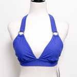 Skye Swimwear Skye Cobalt Blue Velveteen Polka Dot Halter Wireless Rings Bikini Top NWT Small Photo 0