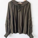 Ramy Brook Merry Ruffle Smocked Split Tie Neck Blouse Top in Olive Green Photo 0