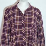 D&Co. Burgundy Plaid Collarless Button Down Shirt Size XL Burgundy Plaid Top Red Photo 1
