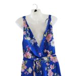 Lulus  Sleeveless Floral Wedding Guest Tie-Strap Wrap Midi Dress Blue Size Small Photo 7