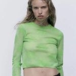 ZARA Daisy Floral Long-Sleeve Mesh Sheer Crop Top Neon Green Medium Photo 0