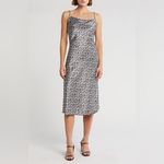 Bebe Floral Daisy Printed Satin Cowl Neck Midi Dress Black White Medium Dainty Photo 3