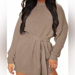 NWT Cozy Waffle Knit Crewneck Sweater Dress with Belt Tan Size Small Photo 1
