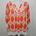 Crown & Ivy Orange & White Geo Print Crochet Detail Peasant Blouse Size XL Photo 1