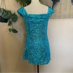 Lulus NWOT  Glittering Nights Aqua Blue Sequin Off-the-Shoulder Mini Dress Photo 2