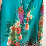 Soft Surroundings  Teal Floral Cheetah Print Henley Button V-Neck Blouse Womens L Photo 1