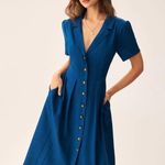 Rihoas Blue V Neck Pleated Button Midi Dress Photo 3
