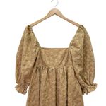 Storia  Puff Sleeve Mini Babydoll Dress Tan Floral Textured Square Neck Sz Small Photo 4