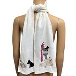 Cream Knit Scarf Patchwork Embroidery Traveling Lady with Scottie Dog Luggage Black Photo 2