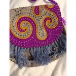Boho Felt Handbag Small Crossbody Purse Purple Yellow Swirl Fringe Strap Photo 2