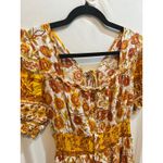 Floral Print Dress Yellow‎ Orange Smocked Waist Square Neck Boho Mini Short Yellow Size L Photo 1