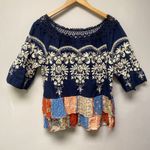 John Mark  Boho Crochet Embroidered Tiered Patchwork Top L Hippie Festival Photo 3