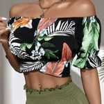 SheIn Women's Off Shoulder Blouse Cropped Cut out Tie Black Floral Large Photo 0