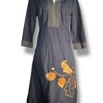 Eshakti  Black Cotton Dress Embroidered Oak Leaf Acorn Midi Fall Folk Boho Size 6 Photo 0