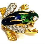 FROG BROOCH PIN 1" Enameled Gold Blue Green Crystal Rhinestone Photo 4
