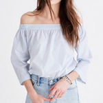 Madewell  Clean Off-the-Shoulder Blue Striped Shirt Size Small 100% Cotton Photo 0