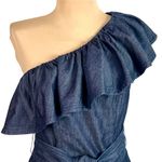 Trina Turk One Shoulder Mayreau Chambray Ruffle Mini Dress Belt Denim Size 0 Photo 2
