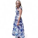 Smocked Blue and White Floral Bow Strap Maxi Dress Chinoiserie Style Small Photo 1
