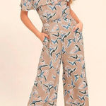 J.O.A. Traveler Beige Floral Print Midi Jumpsuit Size Medium Off the Shoulder Photo 0