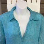 Isaac Mizrahi  New York Turquoise V-Neck Linen Pullover Collared Shirt- Small Photo 5