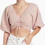 NWOT dRA Maisie Cotton Cropped Front Tie Blouse BLUSH PLAID Medium Puff Sleeves Pink Photo 0