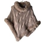 Le Moda Sweater Poncho Womens One Size Pink Cable Knit Faux Fur Trim Cowl Cozy Photo 0