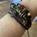 Handmade Hippie Design Brown Leather Bracelet Women Metal Star Note Chars Wood B Black Photo 0