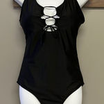 SheIn Black One Piece Plunging Neckline with Tie and Razorback Swimsuit- Large Photo 0