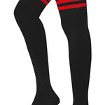 Black Thigh High Nylon Stockings with Red Stripes – Retro Athletic Look Photo 0