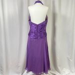 Maggy London  Size 12 Silk Pendant Ruched Purple Backless Dress Satin V Neck Photo 1