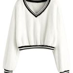 Zaful V Neck Preppy Stripes Fluffy Sweatshirt  Photo 0