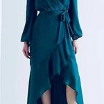 EXPRESS  | Satin Ruffle Hi-Lo Maxi Dress Sleeve Faux Wrap Jewel Dark Teal | XL Photo 0