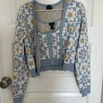 Justify White and Blue Daisy Checkered Pattern Medium Halter Crop Top with Matching Sweater Photo 0