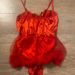 Little red riding Devil lace up corset bodysuit sheer feather skirt bra lingerie set S NEW Photo 3