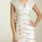 Adrianna Papell  Ruffle Layered Champagne Formal Dress Womens Size 4 V Neck Lined Photo 0