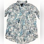 Tahari  100% Linen Tropical Bird Shirt Blue Button Roll Tab Sleeve Womens Size M Photo 1