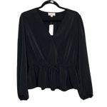 Loft  NEW Medium Black V Neck Long Sleeve Faux Wrap Peplum Shirt Drawstring Waist Photo 0