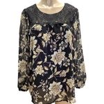Fig and Flower Size Medium Floral Long Sleeve Blouse with Lining. New with Tags Black Photo 0