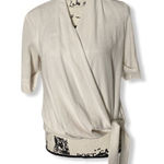 MM.LaFleur Draped Wrap Blouse | Tie Front | Short Sleeve | Cream | Size Small Photo 0