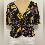 EXPRESS Yellow and Red Puff Sleeve Tie Front Blouse Photo 0