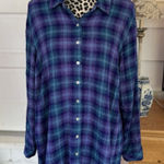 J. JILL Purple Teal Plaid Textured Crinkled Button Front Tunic Shirt Size Lp Photo 0