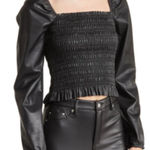 Avec Les Filles  Faux Leather Smocked Top Size Medium‎ Black Photo 0