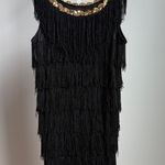 Black Fringe Flapper Dress Gold Sequins Gatsby Costume Party Photo 0