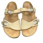 Birkenstock Birki's Aziza Yellow & White Two Strap Slides Sandals 39 8 Narrow Photo 1