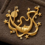 Retro Matte Gold Celestial Brooch Moon Star Face Pin Surreal Art Deco Jewelry Photo 0