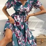 SheIn NWOT Teal Blue-Green Short Sleeve Smocked Waist Faux Wrap Sundress Dress New Photo 0