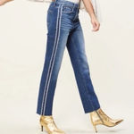 Paige Hoxton Straight Ankle Raw Hem High Rise Indigo Cream Stripe Jeans Size 27 Photo 0