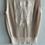 Las Sureñas Rare Mesh Open Knit Tiger Embroidered Button Vest in Beige – Size XS Tan Photo 3